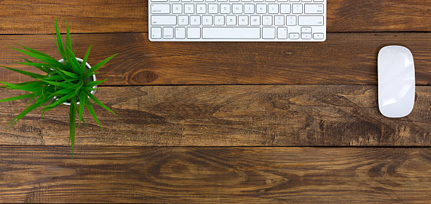 Top view of flat Lay Office Workplace on natural wood handcrafted Table with Laptop Keyboard and Mouse green Flower on left and copy space in the middle