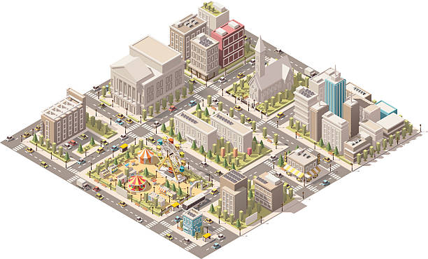 Vector isometric low poly city Vector isometric low poly city infrastructure recess cartoon stock illustrations
