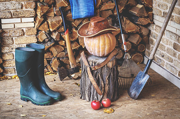 nature morte d’automne. citrouille, outil, bois, chapeau, bottes sur porche - four objects apple fruit color image photos et images de collection