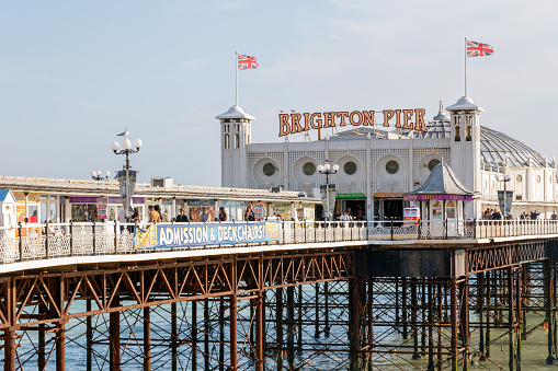 Railway on the pier in Southend, England, UK.  Southend has the longest entertainment pier in the world, this is the end of the pier.