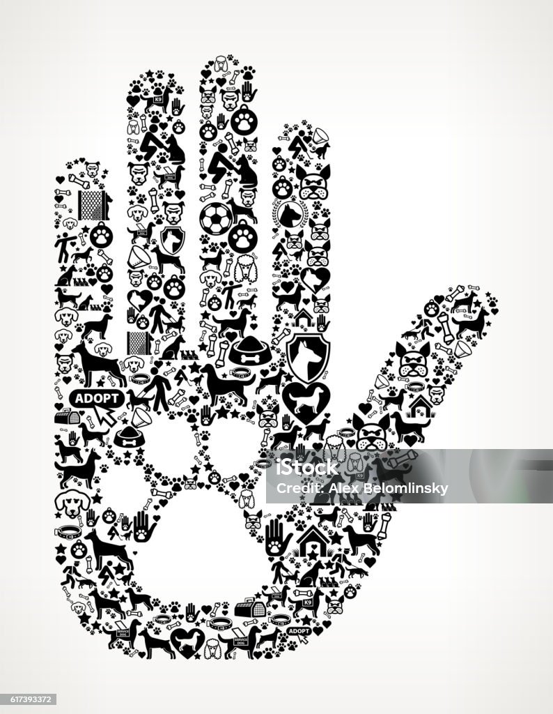 Human Palm Dog  and Canine Pet Black Icon Pattern Human Palm and Dog Paw Dog and Canine Pet Black Icon Pattern The dog icons are black in color and the icon shape is formed as a negative space on white background.  The dog icon pattern is flat and the vector icons vary in size. Icon download includes vector graphic and jpg file. Animal stock vector