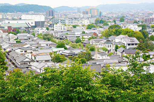 View over Kurashiki city. The preservative city of Okayama prefecture. Japan. Beautiful japanese old town with typical streets and architecture.