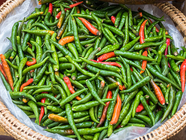 Red and green chillies stock photo