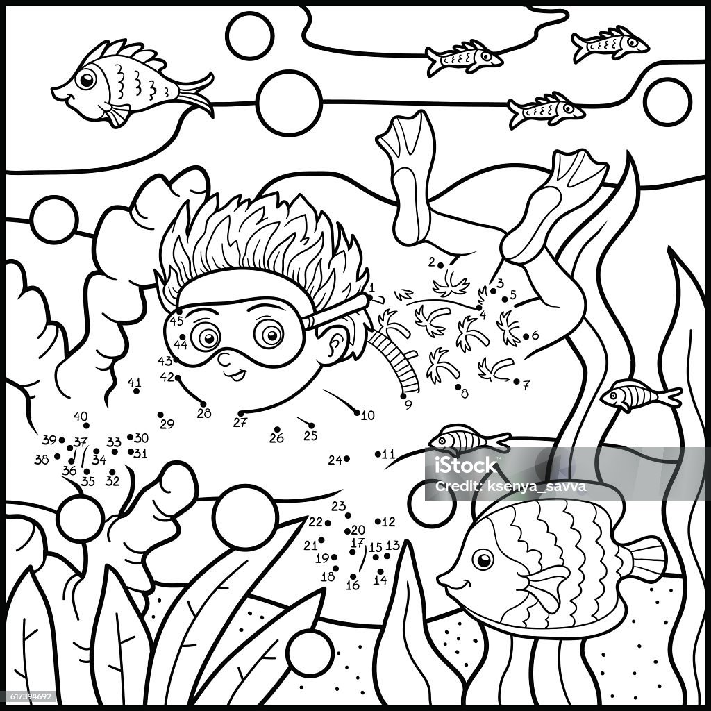 Numbers game for children, little boy swimming in the sea Numbers game, education dot to dot game for children, little boy swimming in the sea Summer stock vector