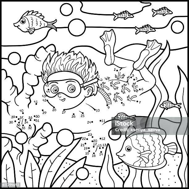 Numbers Game For Children Little Boy Swimming In The Sea Stock Illustration - Download Image Now