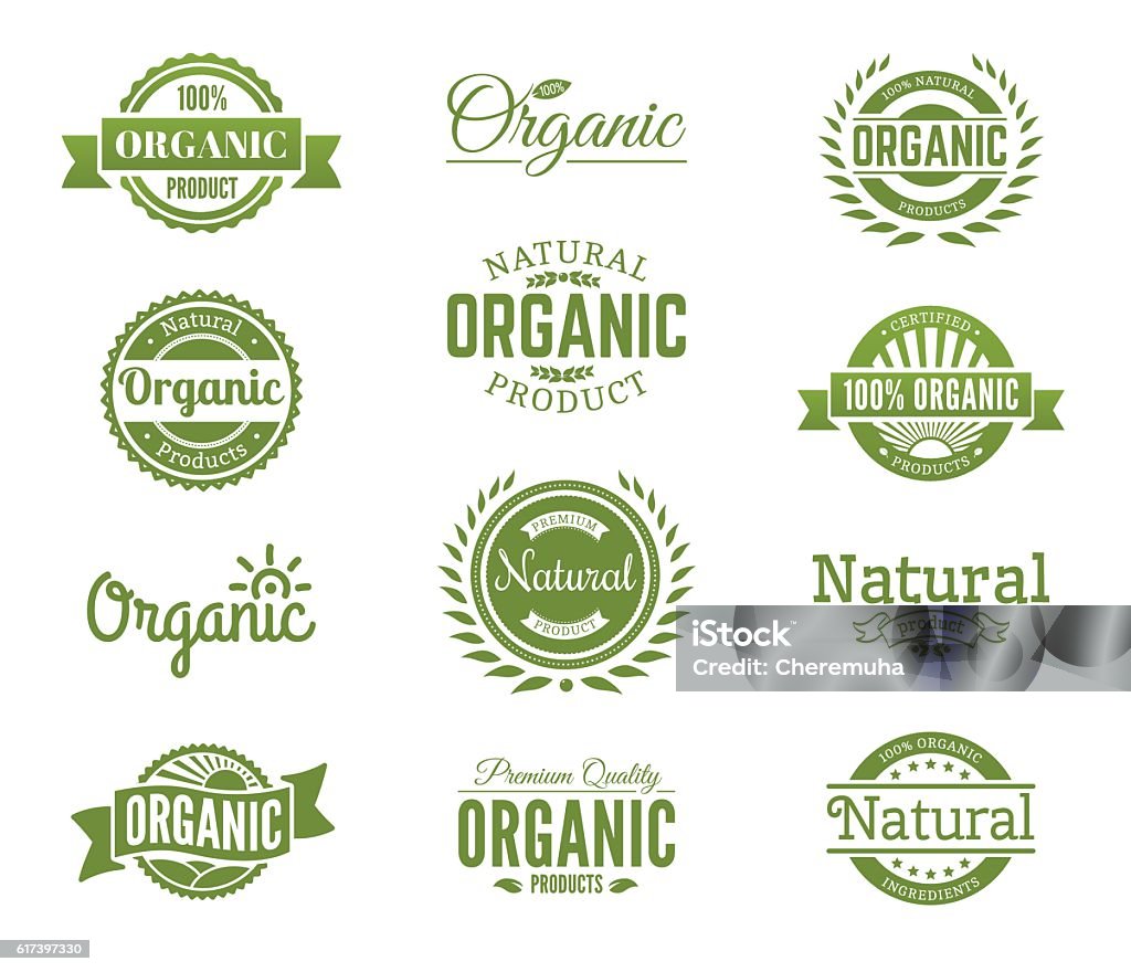 Logotipos orgánicos. Recogida de etiquetas y bages de alimentos naturales. vector - arte vectorial de Orgánico libre de derechos