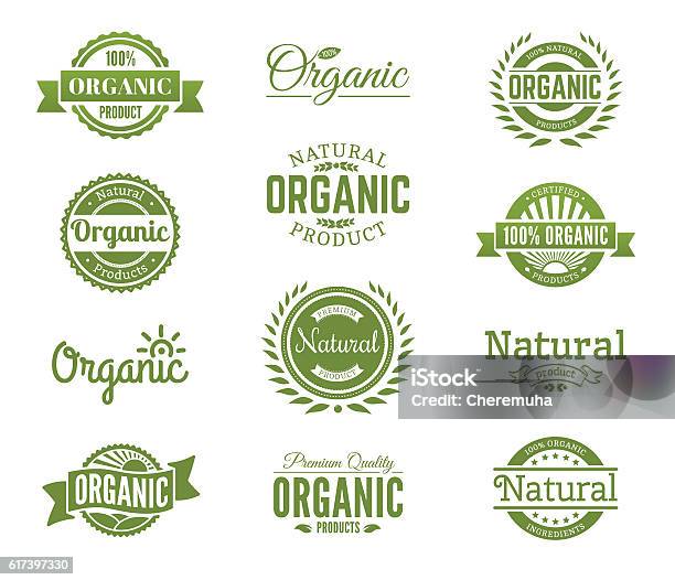 Organic Logos Natural Food Labels And Bages Collection Vector Stock Illustration - Download Image Now