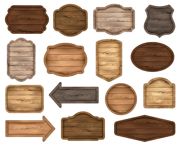 Wooden sign boards, stickers, labels, banners and badges. Vector Wooden stickers, label collection. Set â2 of various shapes wooden sign boards for sale, price and discount banners, badges isolated on white background. Vector realistic illustration. wood stock illustrations
