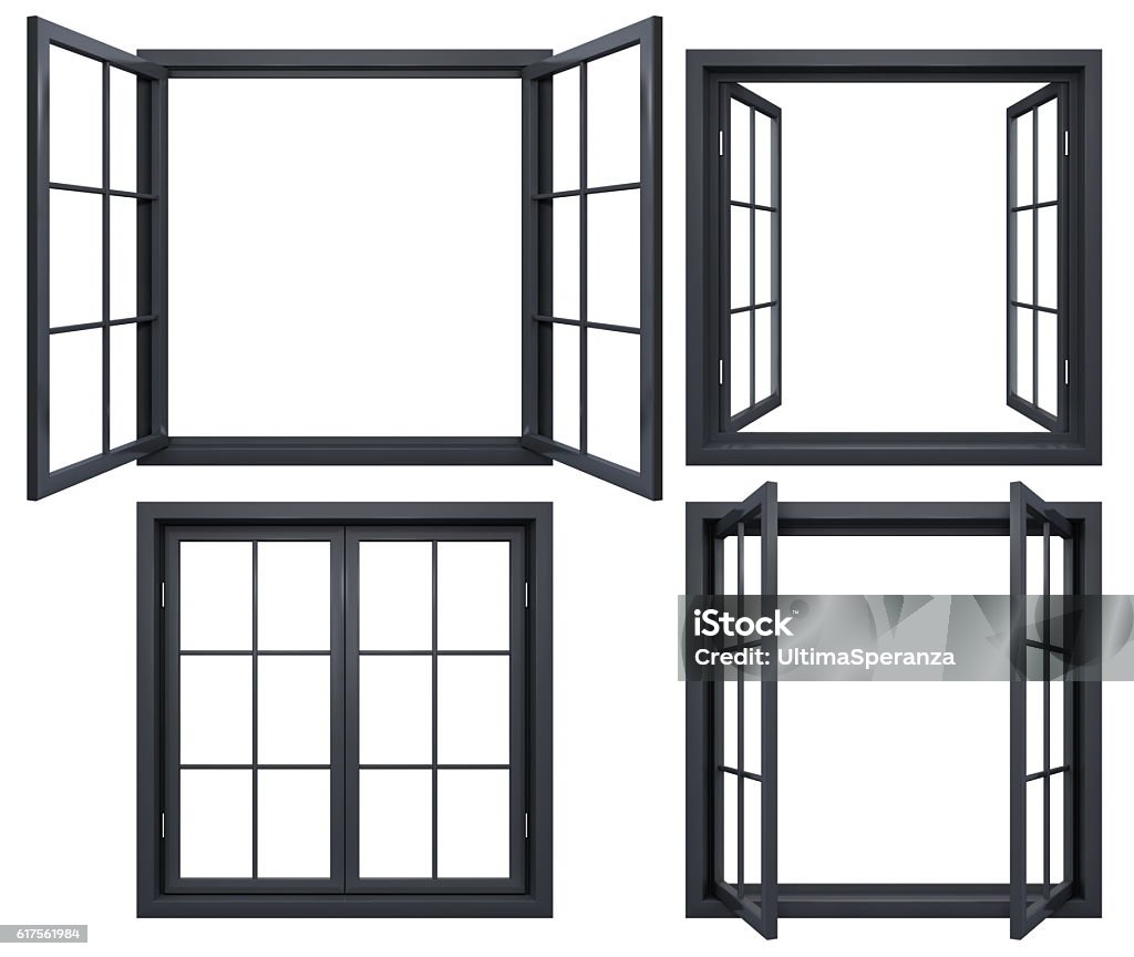 Collezione di cornici di finestre nere isolate su bianco - Foto stock royalty-free di Telaio di finestra