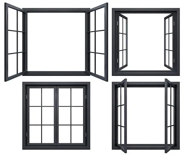 3D render of black isolated window open, closed frames