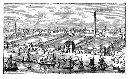 19th century illustration of flax and jute mills in Barrow-in-Furness, Cumbria, England. Published in 'The Practical Magazine, an Illustrated Cyclopedia of Industrial News, Inventions and Improvements, collected from foreign and British sources for the use of those concerned in raw materials, machinery, manufactures, building, and decoration.' (Wedwood, Watt & Co./ W.P. Bennett & Co., London/Birmingham, 1873).