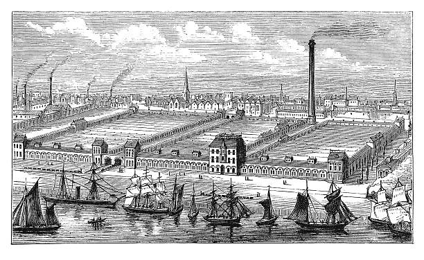 Barrow flax and jute mills (antique engraving) 19th century illustration of flax and jute mills in Barrow-in-Furness, Cumbria, England. Published in 'The Practical Magazine, an Illustrated Cyclopedia of Industrial News, Inventions and Improvements, collected from foreign and British sources for the use of those concerned in raw materials, machinery, manufactures, building, and decoration.' (Wedwood, Watt & Co./ W.P. Bennett & Co., London/Birmingham, 1873). industrial revolution stock pictures, royalty-free photos & images