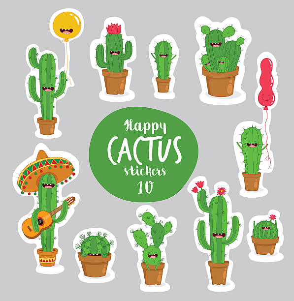 ilustraciones, imágenes clip art, dibujos animados e iconos de stock de pegatinas de cactus - sunny cantante