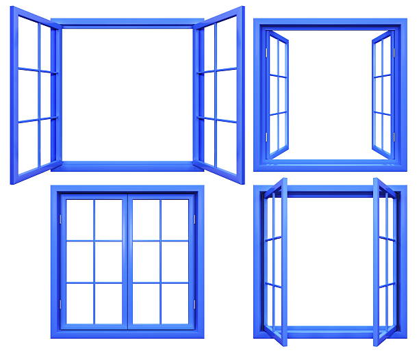 白で分離された青いウィンドウ フレームのコレクション - on the inside looking out ストックフォトと画像