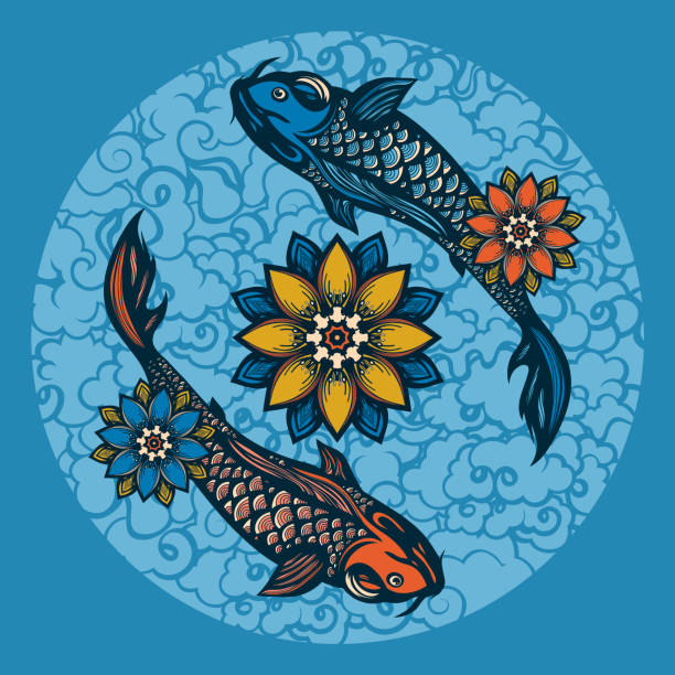 istock Two Chinese koi carp and lotus flowers. 617564316