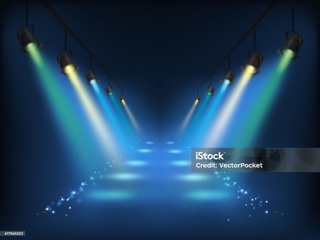 Set of vector scenic spotlights Set of vector colored scenic spotlights on a dark background Spot Lit stock vector