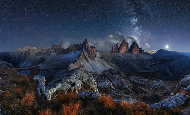 Photo of Alps Mountain landscape with night sky and Mliky way, Dolomites