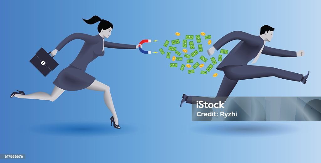 Debt collector business concept Debt collector business concept. Confident business woman in business suit with magnet in one hand and case in other chases another businessman and pulls money out of him. Collection stock vector