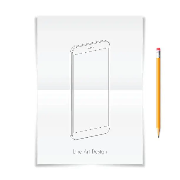 Vector illustration of Smartphone, mobile phone outline template drawn on folded sheet.