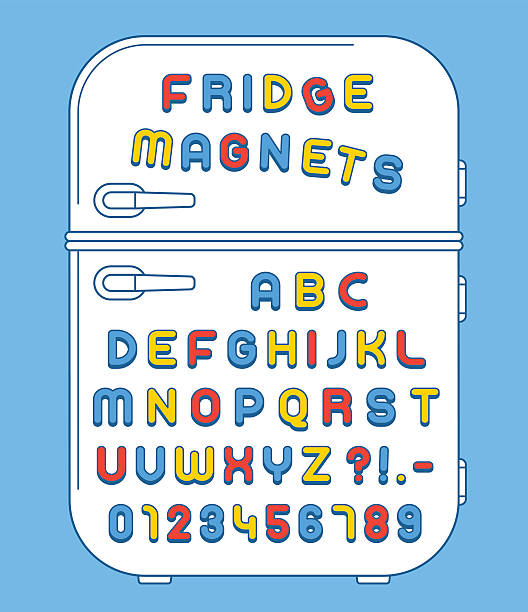 Refrigerator magnets alphabet on doors Colorful numbers and alphabet refrigerator magnets on doors over blue background, vector illustration number magnet stock illustrations