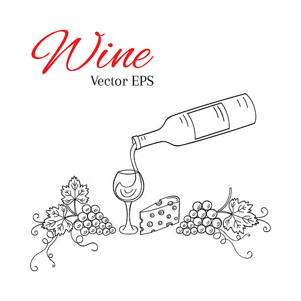 wlewając wino do ilustracji wektora szkła. - cheese wine white background grape stock illustrations