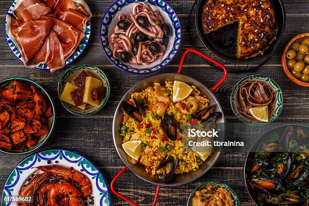 Typical Spanish Tapas Concept Top View Stock Photo - Download Image Now - Tapas, Spain, Spanish Culture