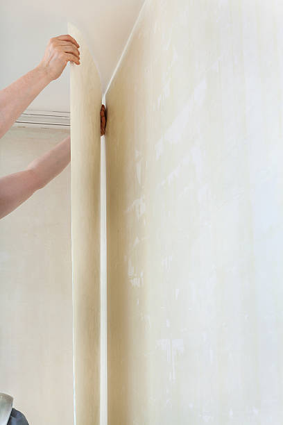istock wallpapering on clean wall in room 617571874