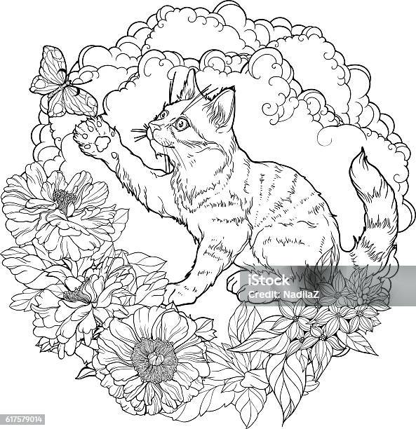 Ilustrasi Hitam Putih Kucing Bermain Dengan Kupukupu Ilustrasi Stok
