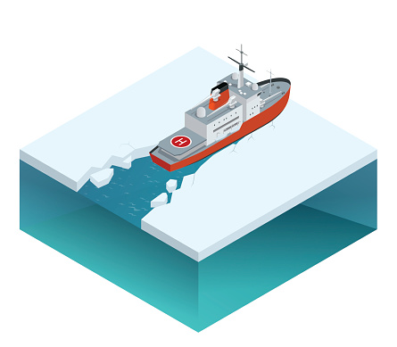 Isometric nuclear-powered icebreaker sailing in ice. Ship on the ice in the sea. Vector illustration