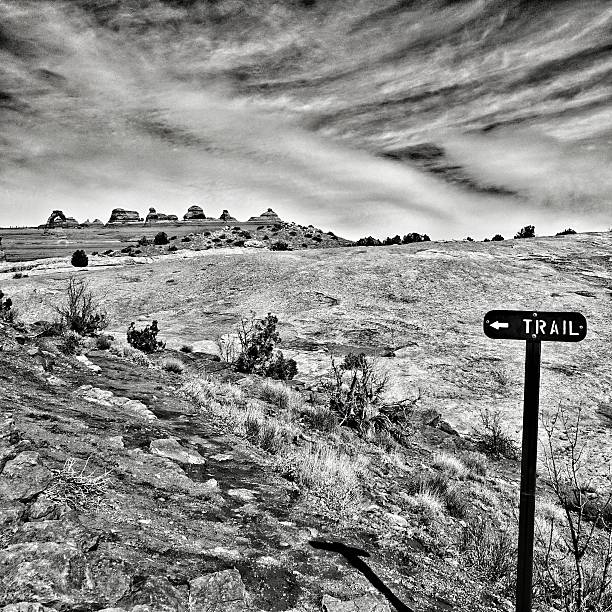 istock B&W Delicate Arch Viewpoint Hiking Path Trail Sign, National Park 617580332
