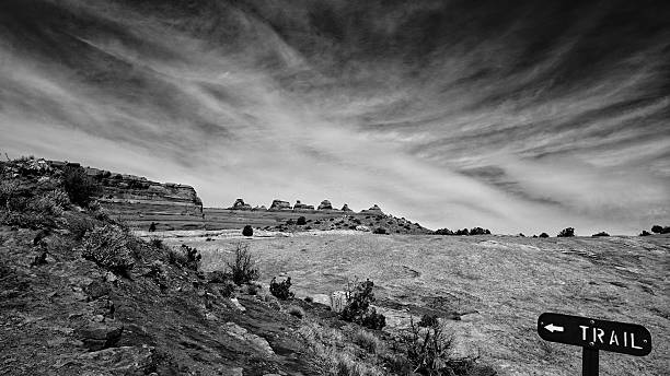 Delicate Arch Viewpoint, Dramatic Sky, B&W,  Hiking Path Trail Sign