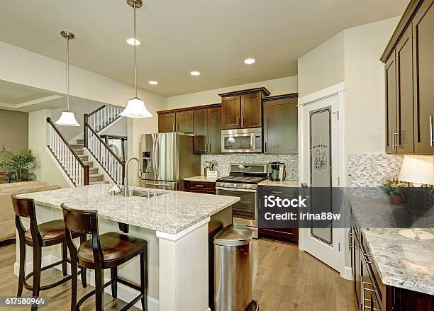 Classic Kitchen Room Interior With Large Kitchen Island Stock Photo - Download Image Now