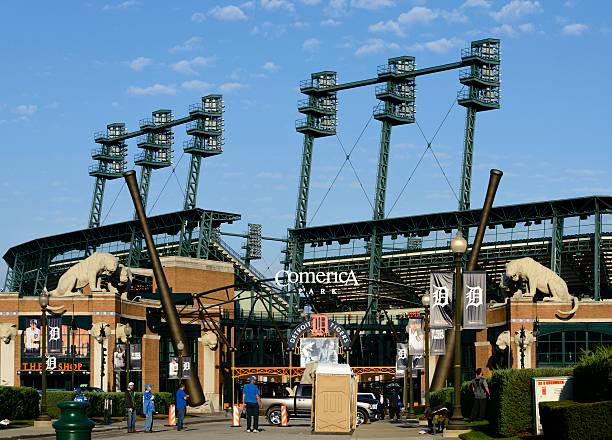 Comerica Park, Detroit Detroit, USA - October 23, 2016: People standing in front of Comerica Park, home of the Detroit Tigers baseball team. comerica park photos stock pictures, royalty-free photos & images