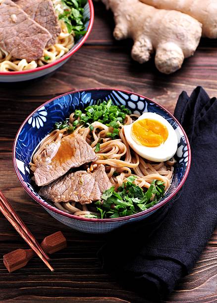 istock Soup with soba and ramen noodles, beef, ginger, green onions 617581990