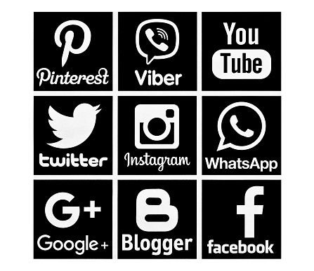 Kiev, Ukraine - October 24, 2016: Set of most popular black  social media icons: Twitter, Youtube, Pinterest, Instagram, Facebook, Google Plus, Blogger, WhatsApp, Viber and others printed on paper.