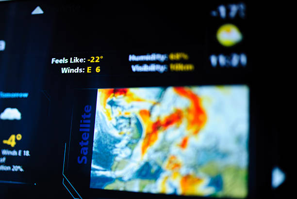 Digital weather forecast interface Digital weather forecast interface on a modern digital display showing cold weather for the next day eaturing an unrecognizable weather map. Tilt-shift lens used to outline the feels like -22 symbol fortune telling stock pictures, royalty-free photos & images