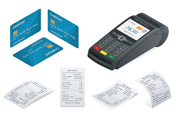 ilustrações, clipart, desenhos animados e ícones de terminal de pos isométrico, cartão de crédito de débito, recibo impresso de vendas. - chip and pin
