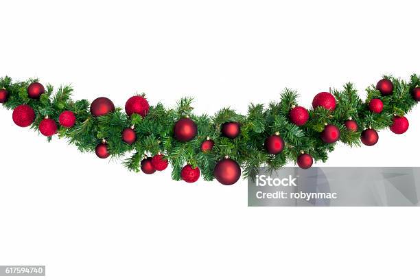 Christmas Garland With Red Baubles Stock Photo - Download Image Now - Garland - Decoration, Christmas, White Background
