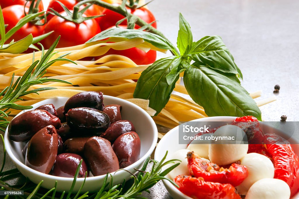 Italian Food Italian food ingredients over slate.  Side view, selective focus. Italian Food Stock Photo