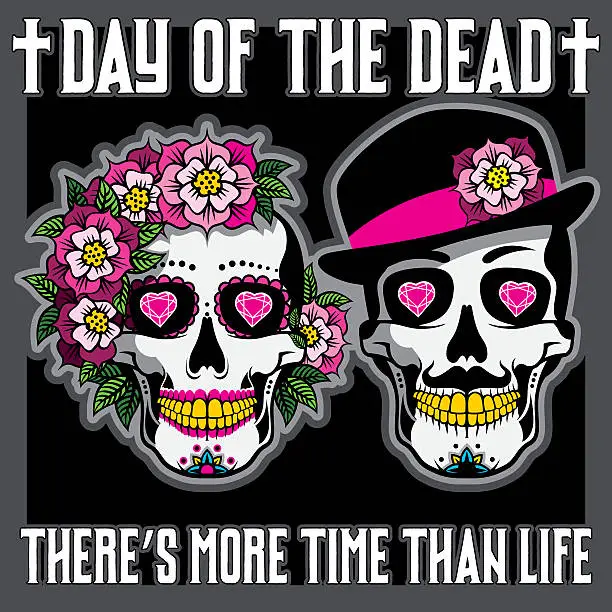 Vector illustration of Day of the Dead Placard with female and male skulls