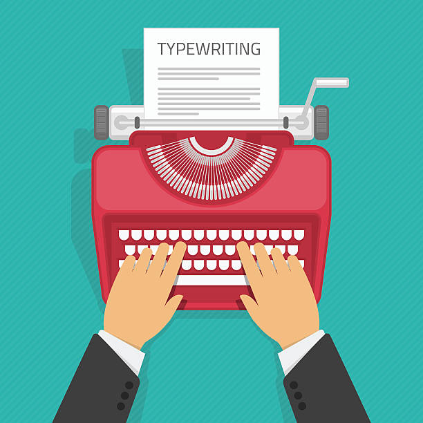 illustrazioni stock, clip art, cartoni animati e icone di tendenza di posto di lavoro con macchina da scrivere. - machine typewriter human hand typing