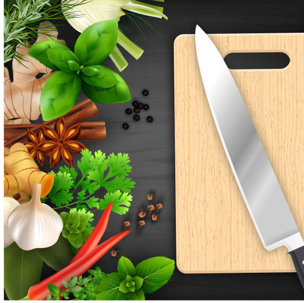 まな板とナイフのスパイスとハーブ - anise seed fennel backgrounds点のイラスト素材／クリップアート素材／マンガ素材／アイコン素材
