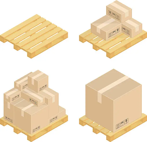 Vector illustration of Isometric cardboard boxes and pallets.