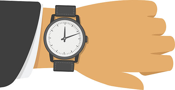 Wrist watch on hand. Wristwatch on the hand of businessman in black suit. Vector illustration of time on wrist watch. Man with classic clock checks the time. Hand with modern clock isolated on background. arm span stock illustrations