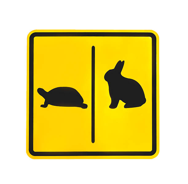 istock Yellow traffic label  turtle and rabbit pictogram isolated 617606410