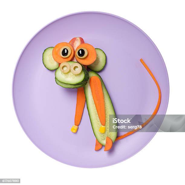 Funny Monkey Made Of Cucumber And Carrot On Plate Stock Photo - Download Image Now - Animal, Ape, Caricature