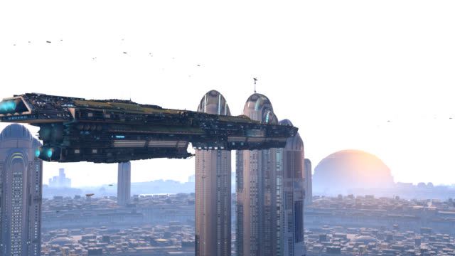 spacecraft crossing a futuristic city