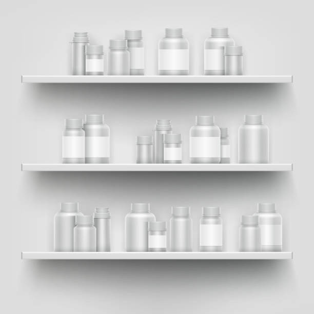 Realistic white 3d medicine blank bottle for pills on pharmacy Realistic white 3d medicine blank bottle for pills on pharmacy shop shelves display vector template. Set of containers for medication and drugs illustration pharmacy store stock illustrations