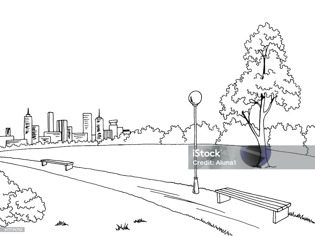Banc de parc dessin paysage noir et blanc esquisse illustration vectorielle lampe - clipart vectoriel de Croquis libre de droits