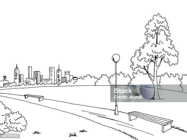 Banc De Parc Dessin Paysage Noir Et Blanc Esquisse Illustration Vectorielle Lampe Vecteurs libres de droits et plus d'images vectorielles de Croquis